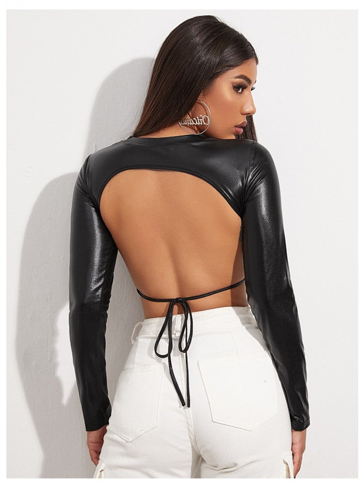 Backless Leather Tie Crop Top