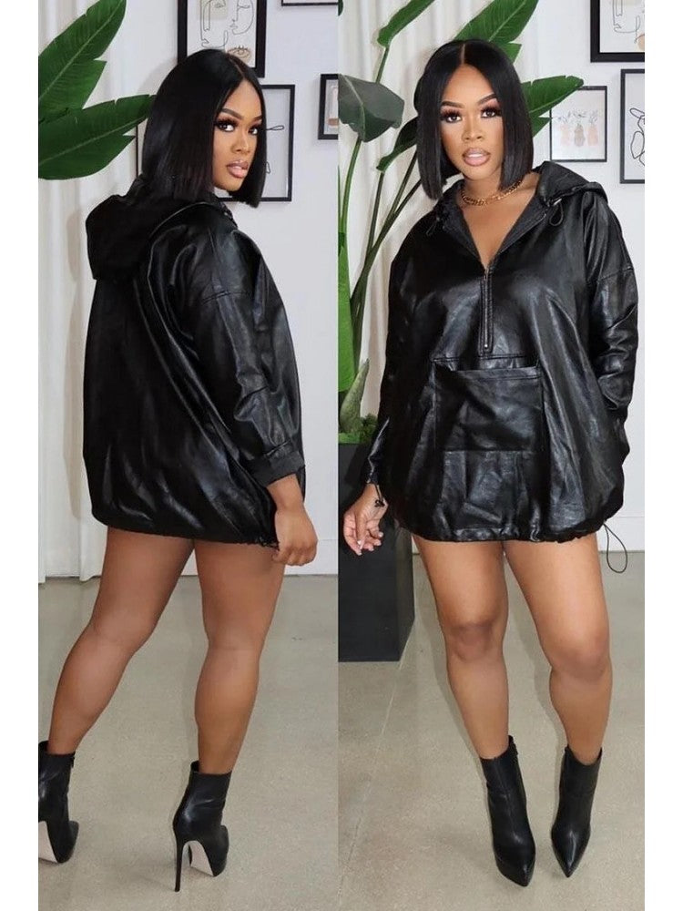 Black Leather Jersey Hoodie Dress