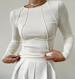 White Solid Rib Round Neck Top