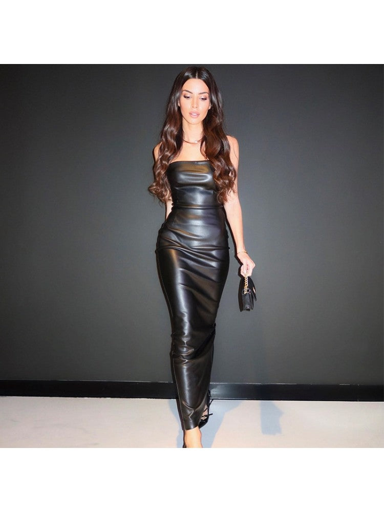 Black Leather Long Tube Dress