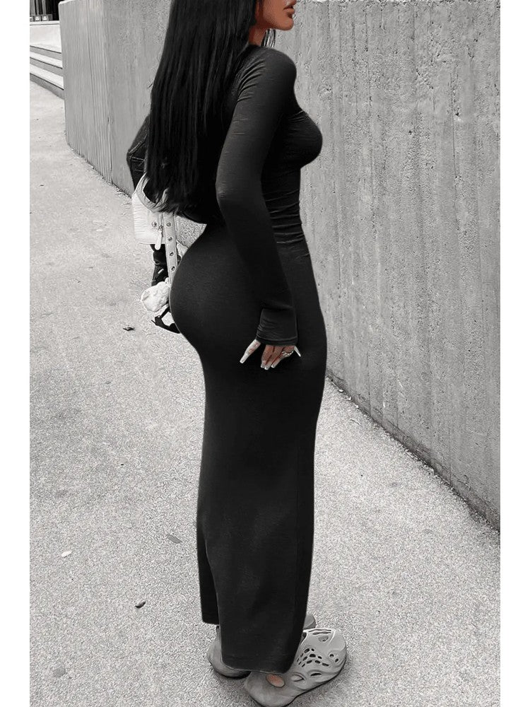 Casual Long Sleeve Rib Dress (Black)