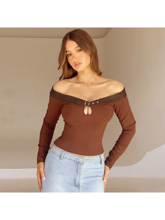 Off Shoulder Mocha Leather Trim Top