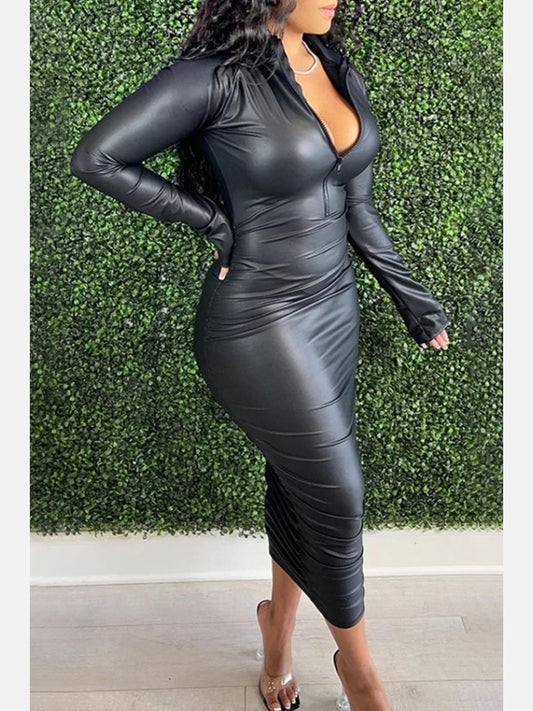 Black Leather Gathered Dress